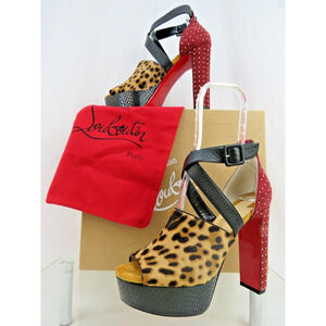NIB LOUBOUTIN BINGIRL MULT 130 LEOPARD PONYHAIR STUDDED PLATFORM PUMPS 39 US 8.5